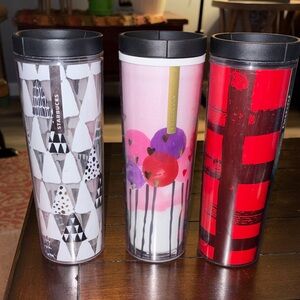 Starbucks Pink, Red and Black Patterned Travel Tumblers Trio